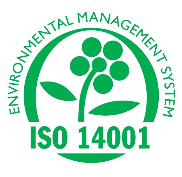 Green and white ISO 14001 logo.