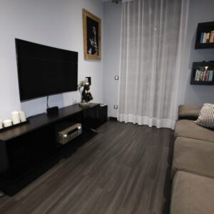 Living room with TV, couch, and shelves.
