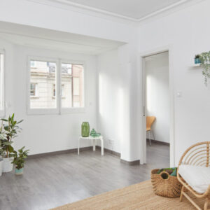 Bright, minimalist living room with plants.